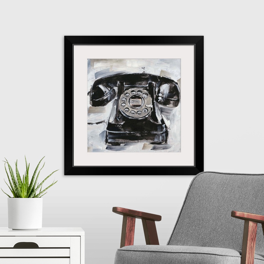 A modern room featuring Fun contemporary painting of a retro rotary phone on a neutral background.