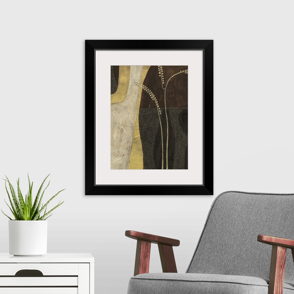 A modern room featuring Mid-century inspired contemporary abstract painting using pale tones and organic forms.
