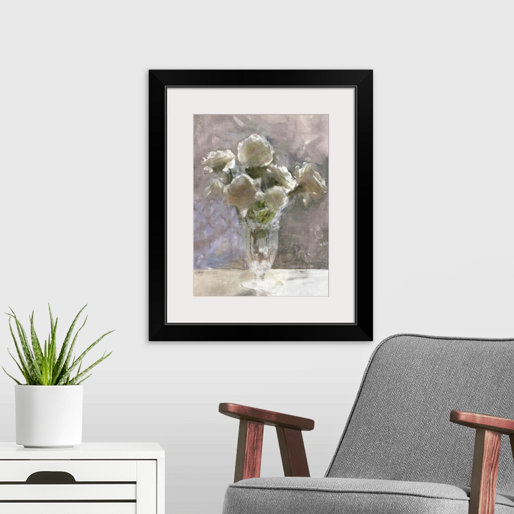 A modern room featuring Contemporary painting of a little glass vase holding a small bouquet of white flowers.