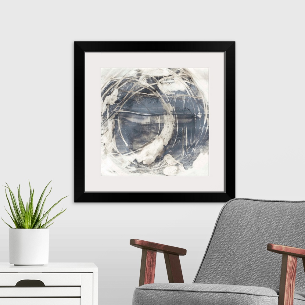 A modern room featuring An organic, rounded abstract painting that resembles the earth surrounded by swirling clouds.