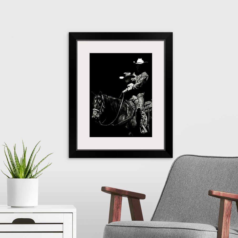 A modern room featuring Black and white lifelike illustration of a cowboy and child riding a horse.