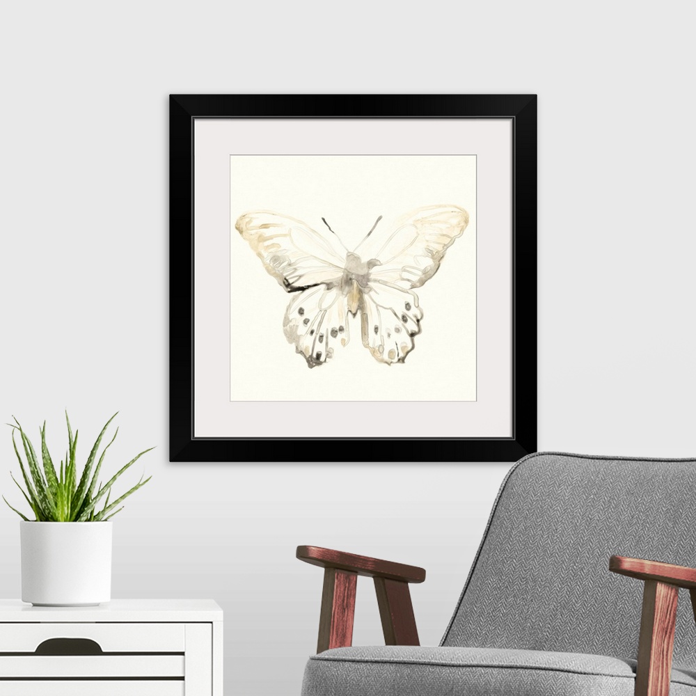 A modern room featuring Thin and diluted brushstrokes create the illusion of an x-ray of a butterfly in this contemporary...