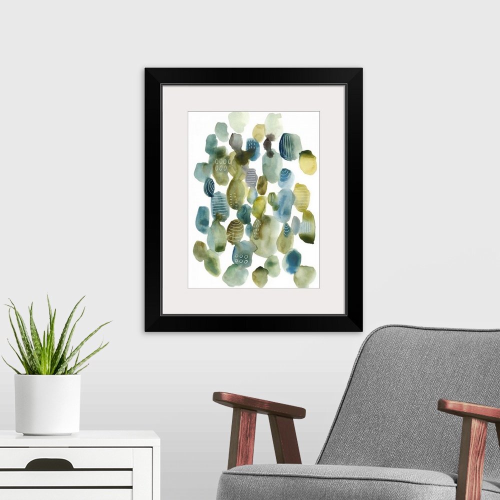 A modern room featuring This contemporary artwork contains blue and green pebbles of color with some that are decorated w...
