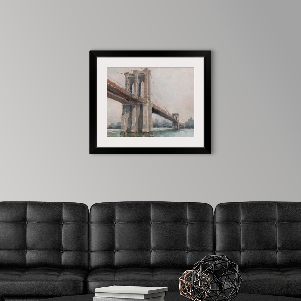 A modern room featuring A picturesque painting of Brooklyn Bridge in New York, in subdue colors with the city in the back...