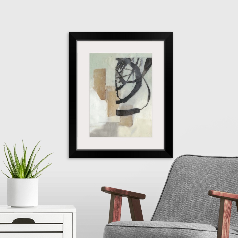 A modern room featuring A haze covers this abstract artwork completely with layers of black brush strokes underneath that...