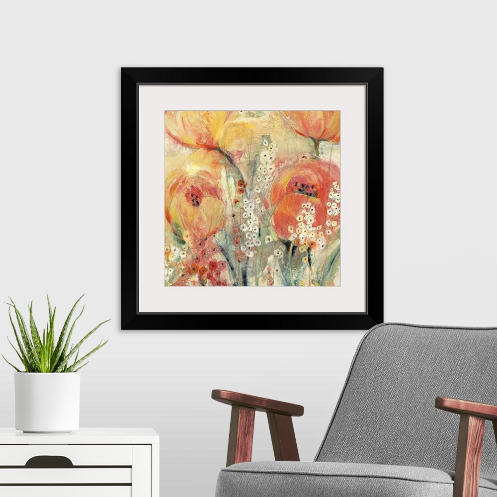 A modern room featuring Contemporary abstract painting of orange and yellow tulips blooming in spring.