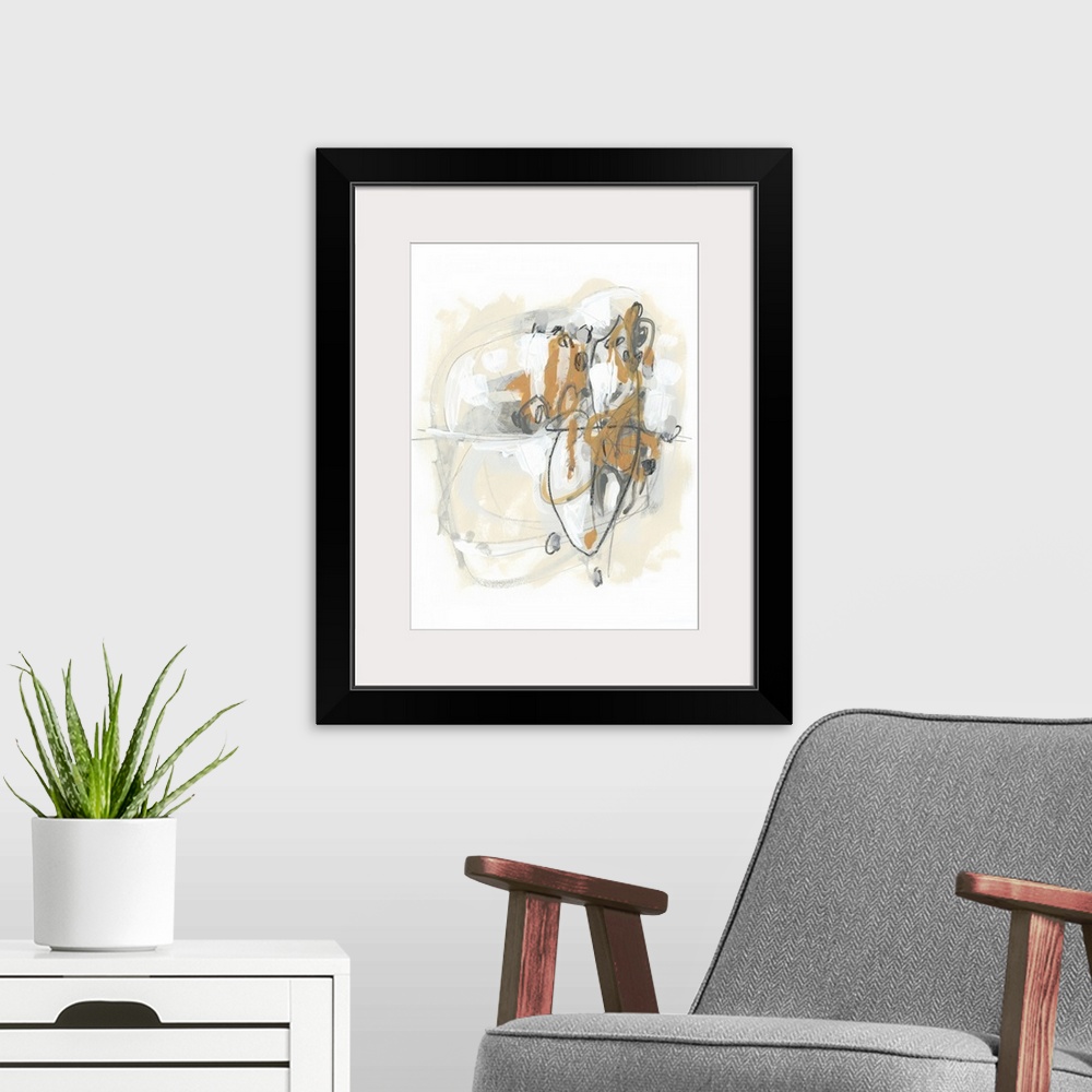 A modern room featuring Abstract painting in tones of gray, orange and beige with overlaying fine scribbles of gray and b...