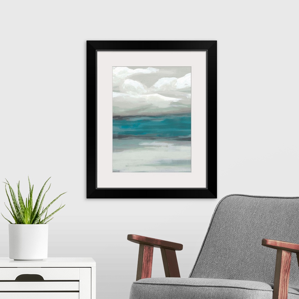 A modern room featuring A simple painting of a stormy, overcast sky above a tranquil sea.