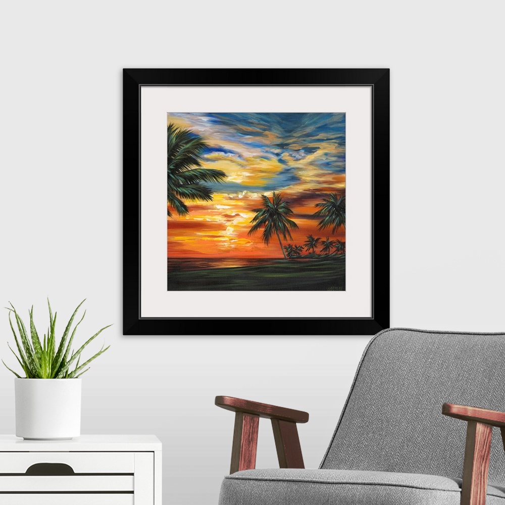 A modern room featuring Contemporary painting of a vibrant, colorful sunset over a tropical beach surrounded by palm trees.