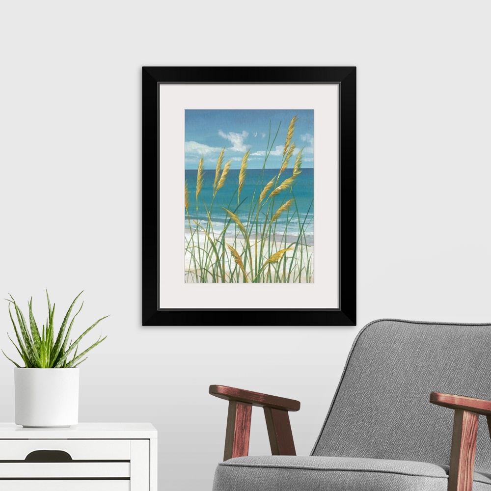 A modern room featuring Contemporary painting of beach grasses swaying in the wind.