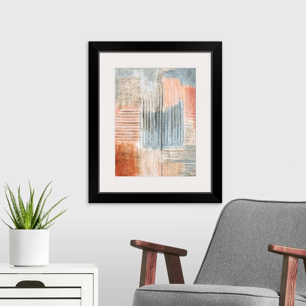A modern room featuring Contemporary abstract artwork with streaks and texture, resembling rust.