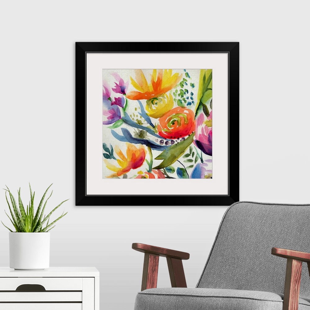 A modern room featuring Vibrant Summer flowers painted on a white square background.