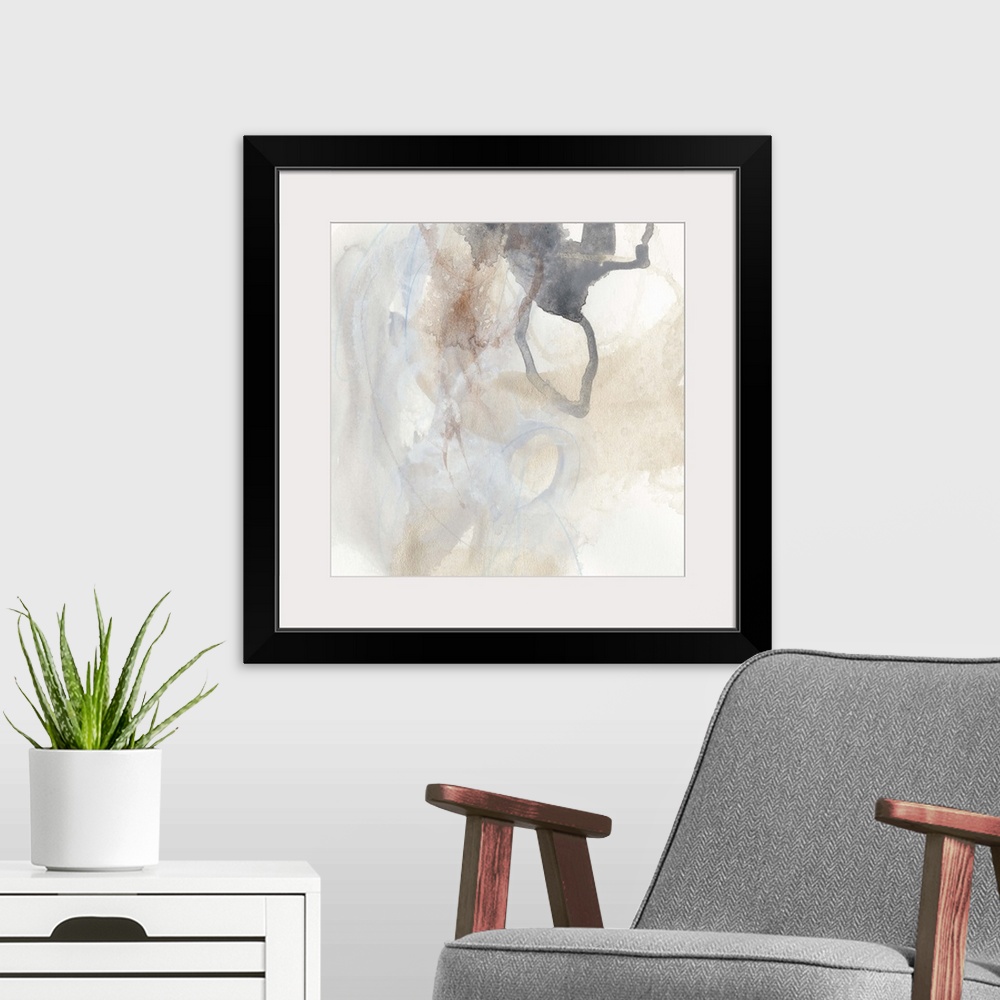 A modern room featuring Abstract watercolor painting in muted earth tones.