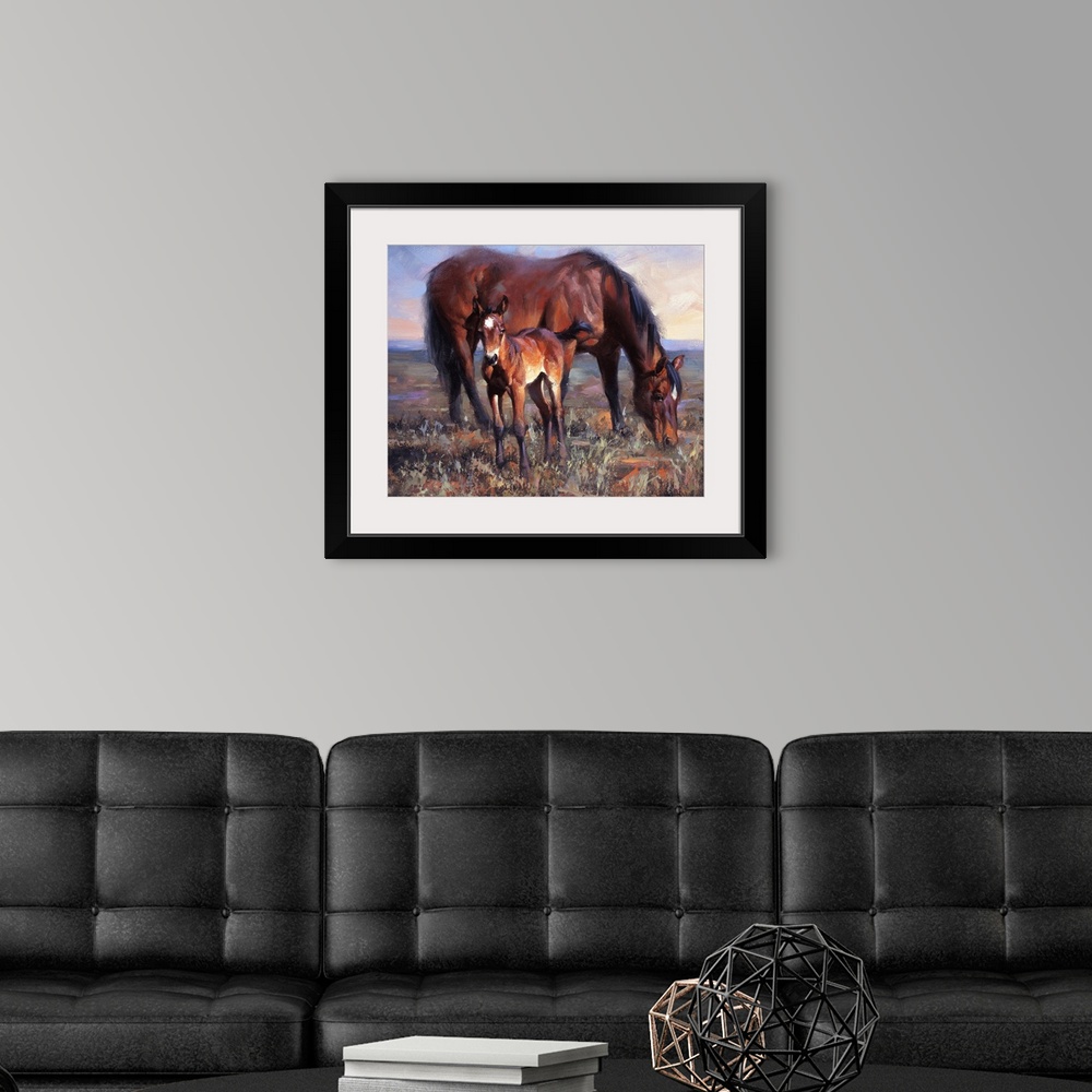 A modern room featuring A mother horse is drawn leaning her head down to eat some grass while her offspring stands in fro...