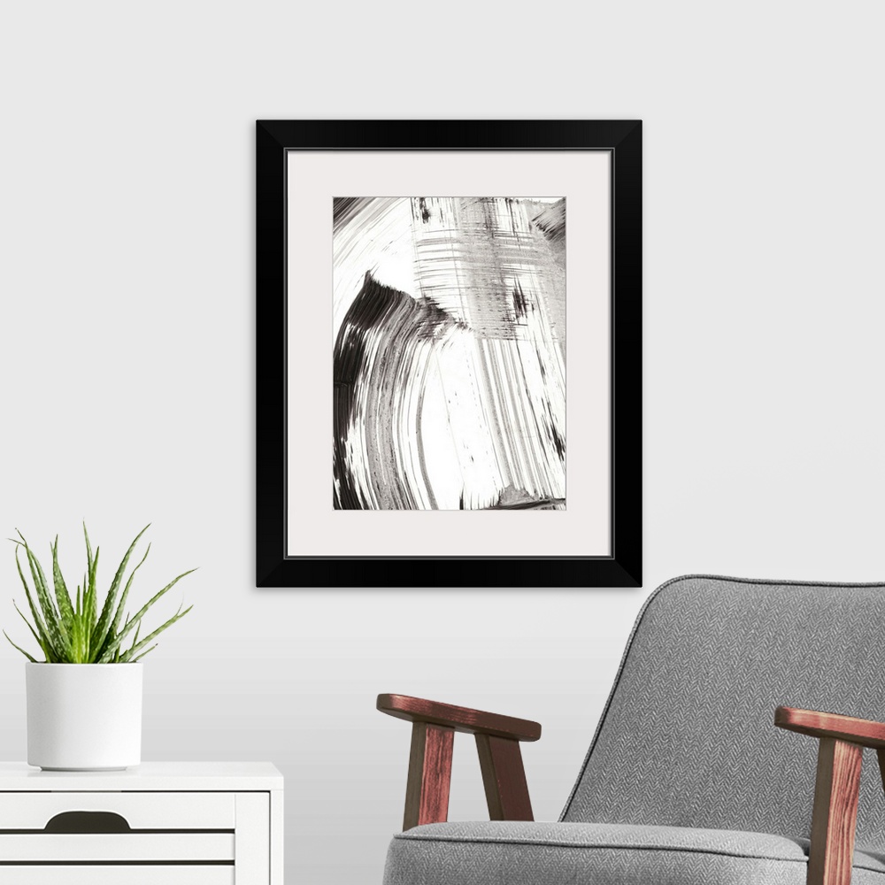 A modern room featuring Contemporary abstract painting of black and gray brushstrokes on a white background.