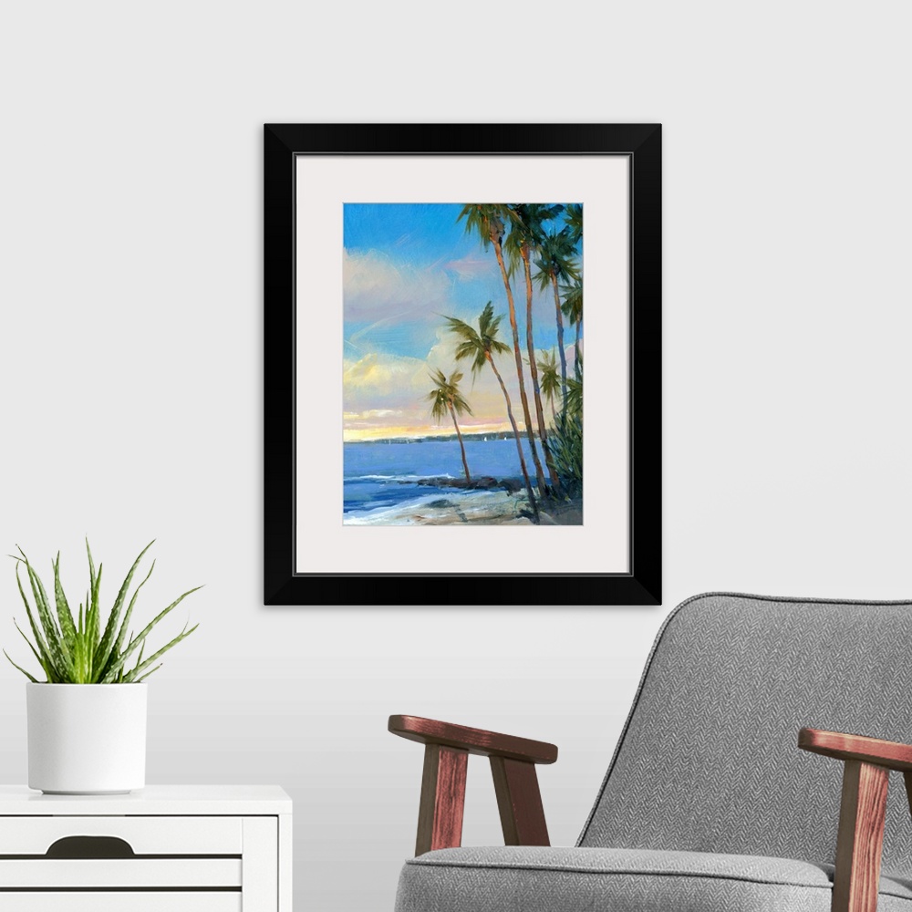A modern room featuring This is a vertical painting of slender palm trees going on the edge of the shore of a sandy beach.
