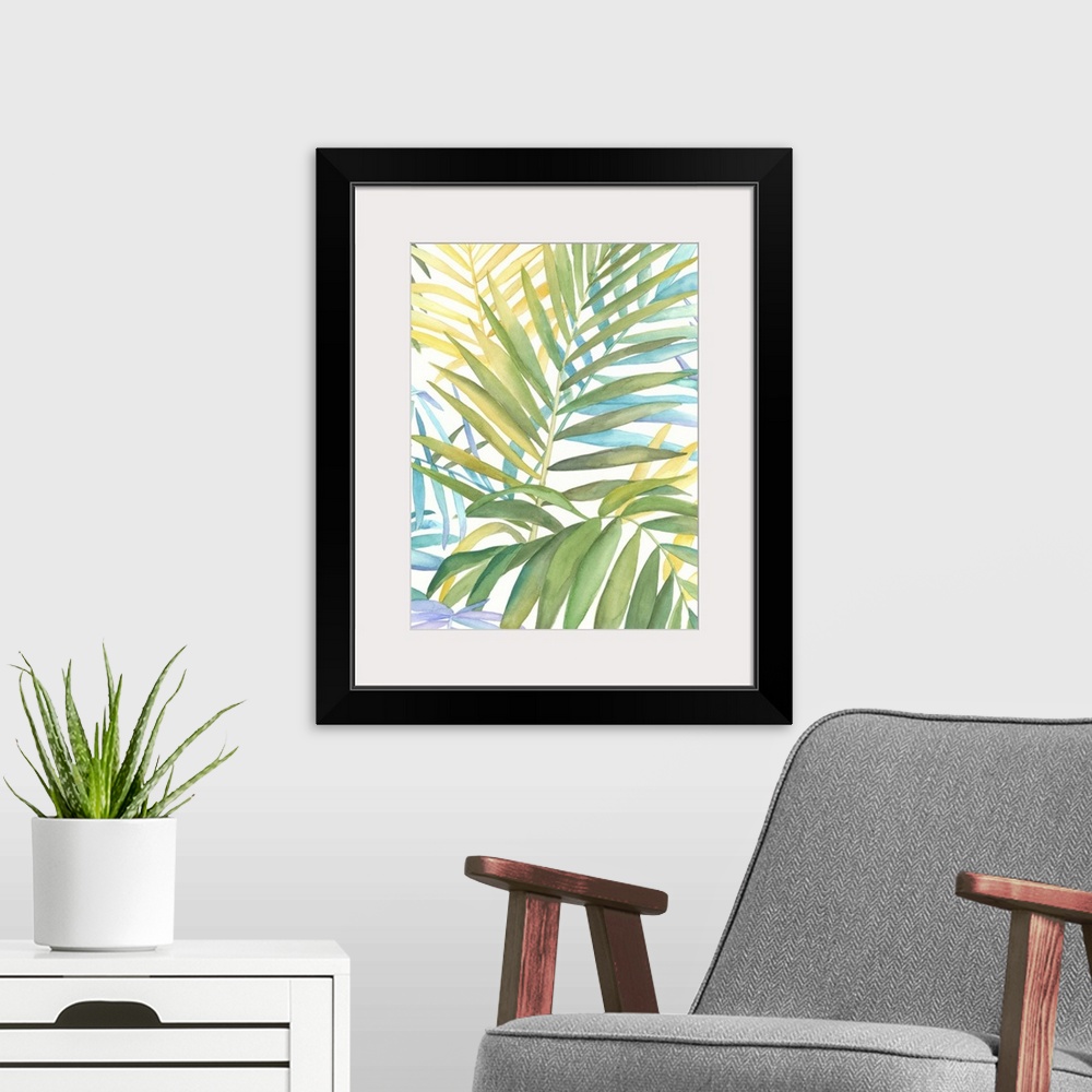 A modern room featuring Watercolor painting of several tropical leaves.