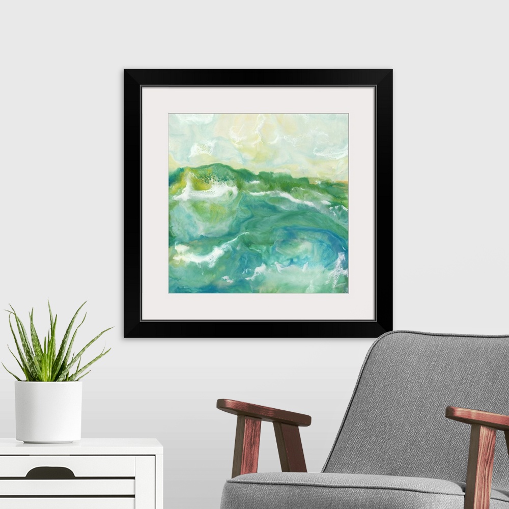 A modern room featuring Invigorating contemporary artwork featuring flowing blue, green and yellow shades of color to cre...