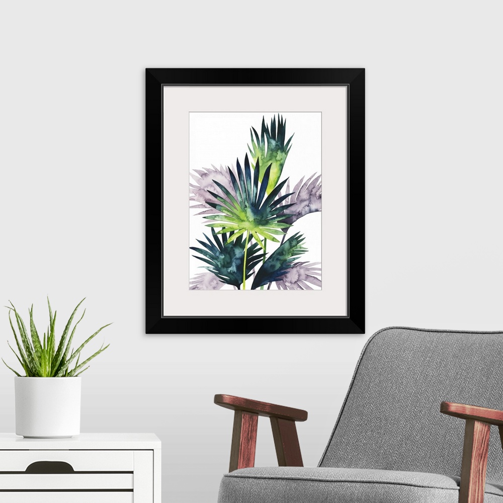 A modern room featuring Watercolor tropical leaves in purple, blue and green flutter in the wind over a white background ...