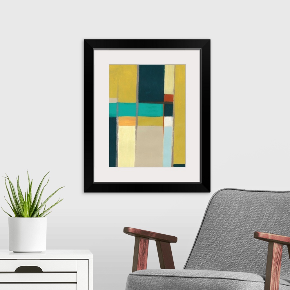 A modern room featuring Mid-century inspired contemporary abstract painting using geometric forms.