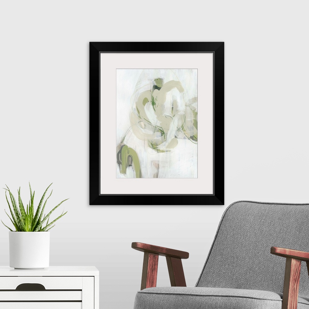 A modern room featuring This abstract artwork features expressive brush strokes in khaki, green and white to create drama...