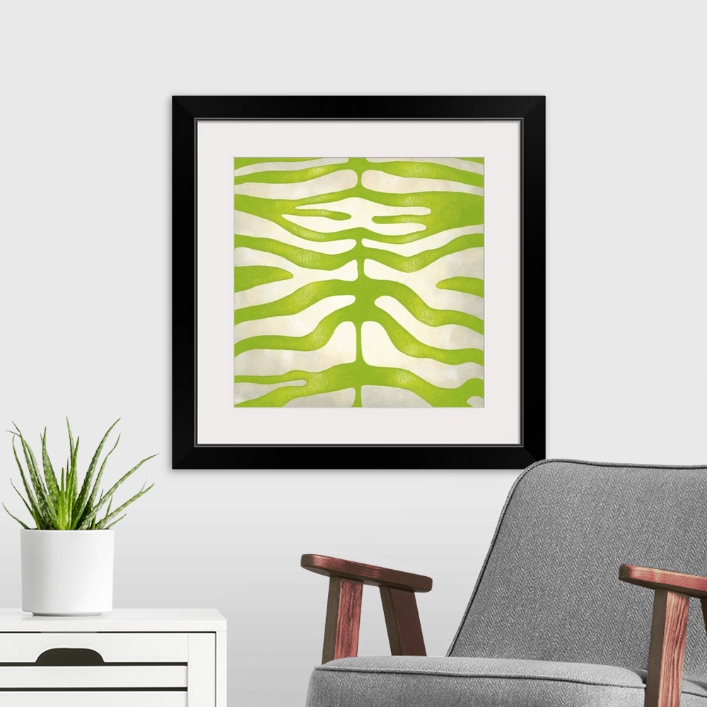 A modern room featuring Contemporary painting of a green vibrant zebra stripes pattern.