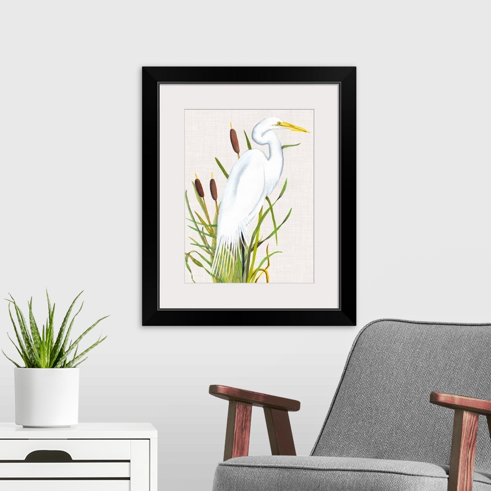 A modern room featuring Painting of a white egret standing in tall reeds.