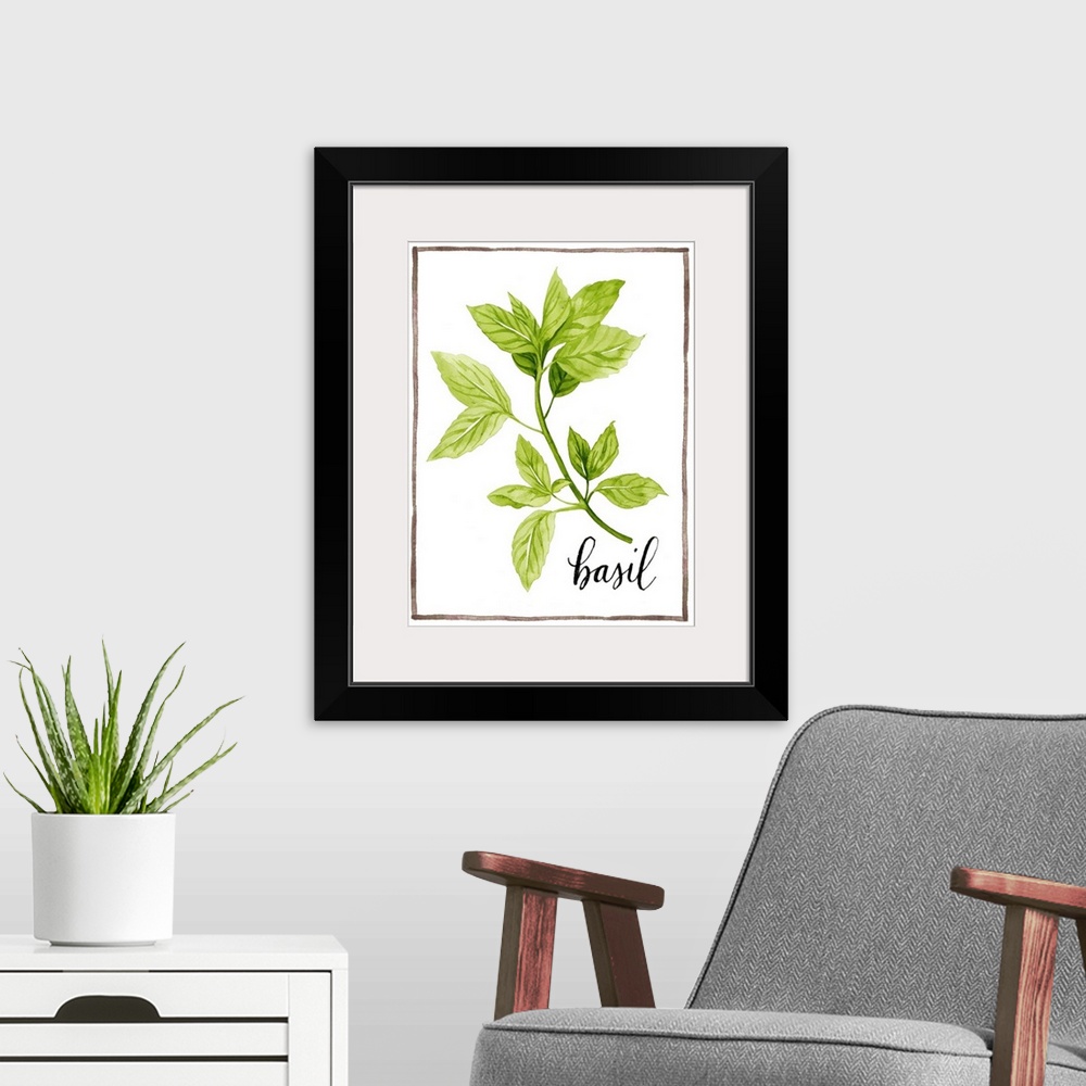 A modern room featuring Watercolor painting of basil leaves on a white background with a brown boarder and the word "basi...