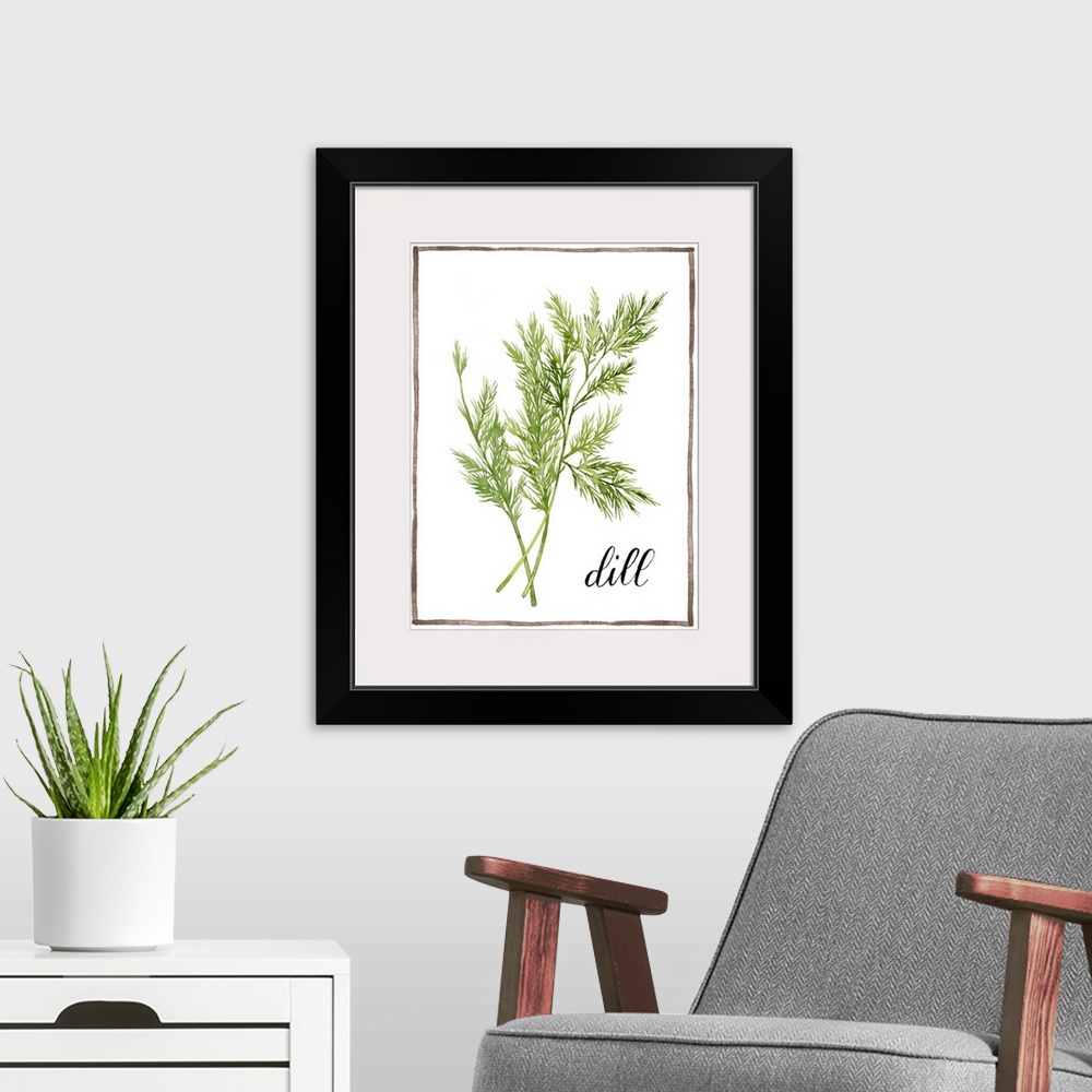 A modern room featuring Watercolor painting with springs of dill on a white background with a brown boarder and the word ...