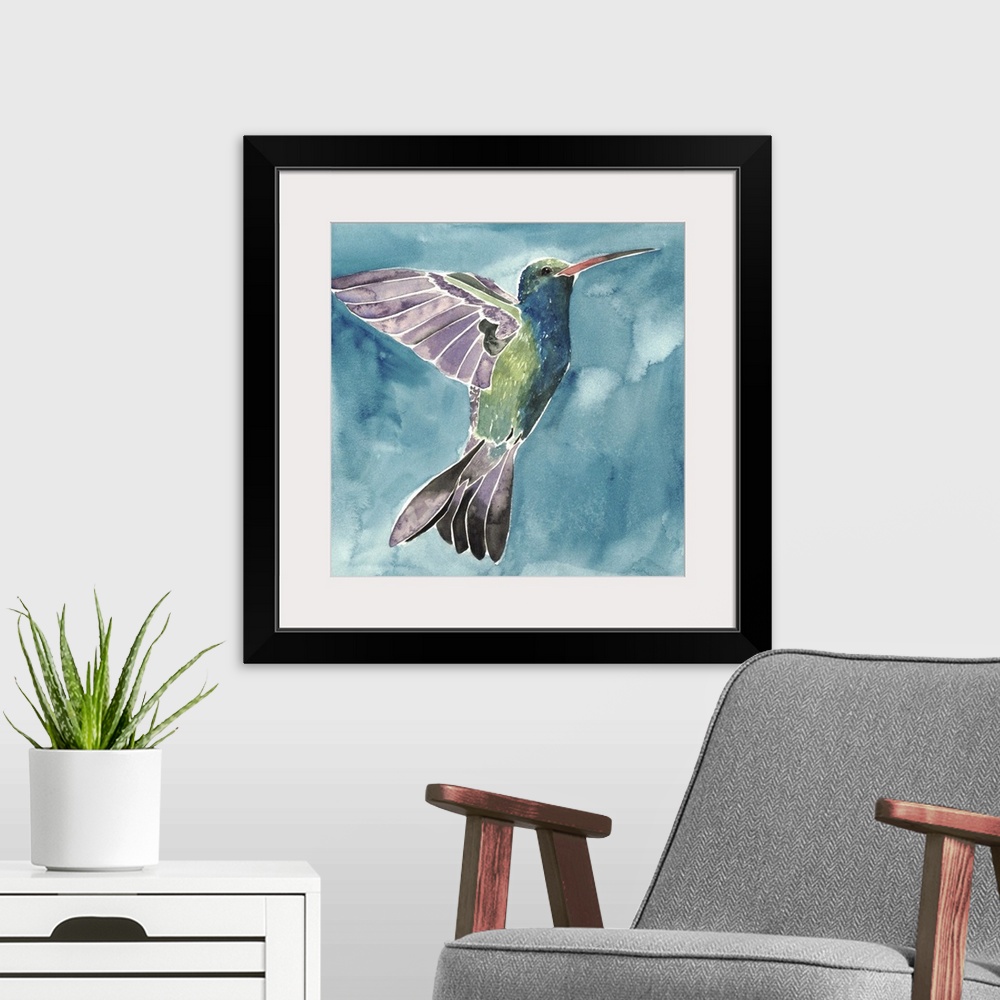 A modern room featuring Watercolor painting of a hummingbird against a blue background.