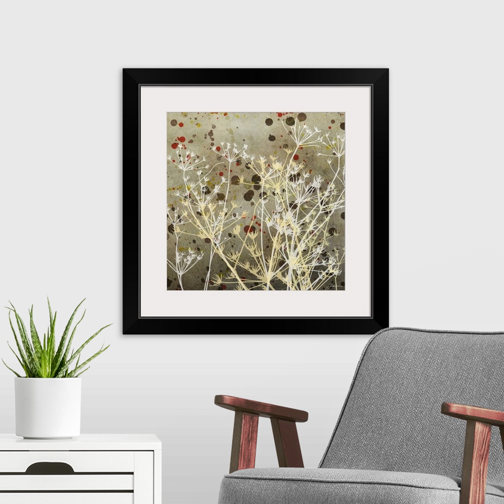 A modern room featuring Contemporary painting of a cluster of white silhouetted meadow weeds against a washed brown dingy...