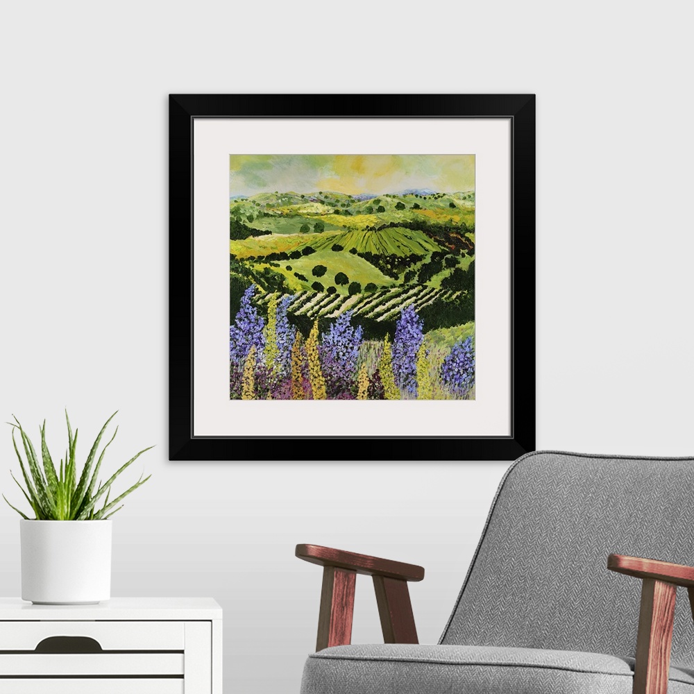 A modern room featuring Contemporary painting of a country landscape with lilacs overlooking rows of crops and hilly farm...
