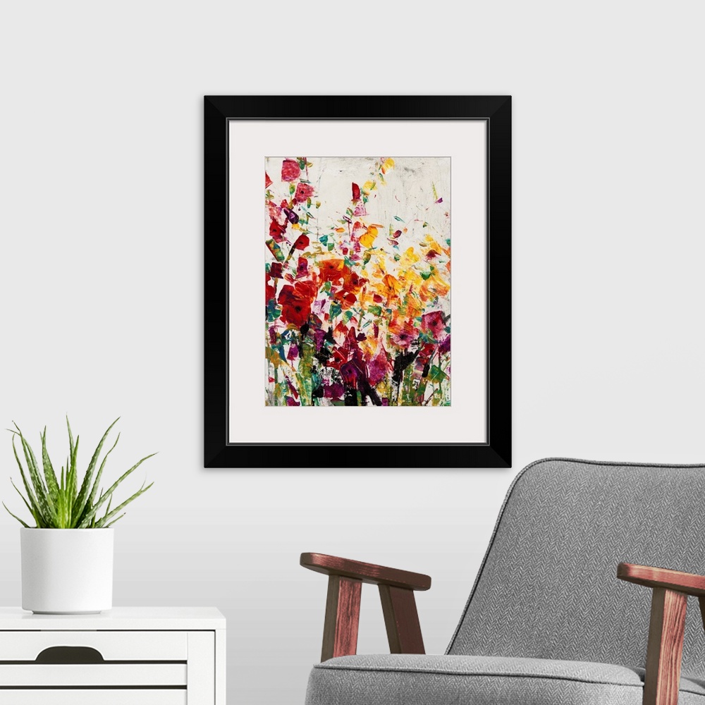 A modern room featuring Contemporary painting of a group of vibrant flowers.