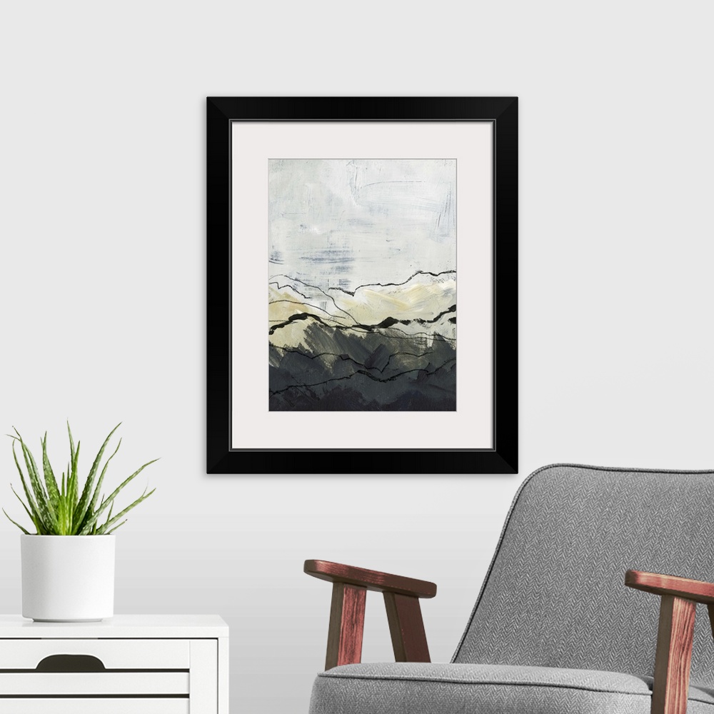 A modern room featuring Modern vertical abstract landscape of mountains outlined in thin black lines with a textured gray...