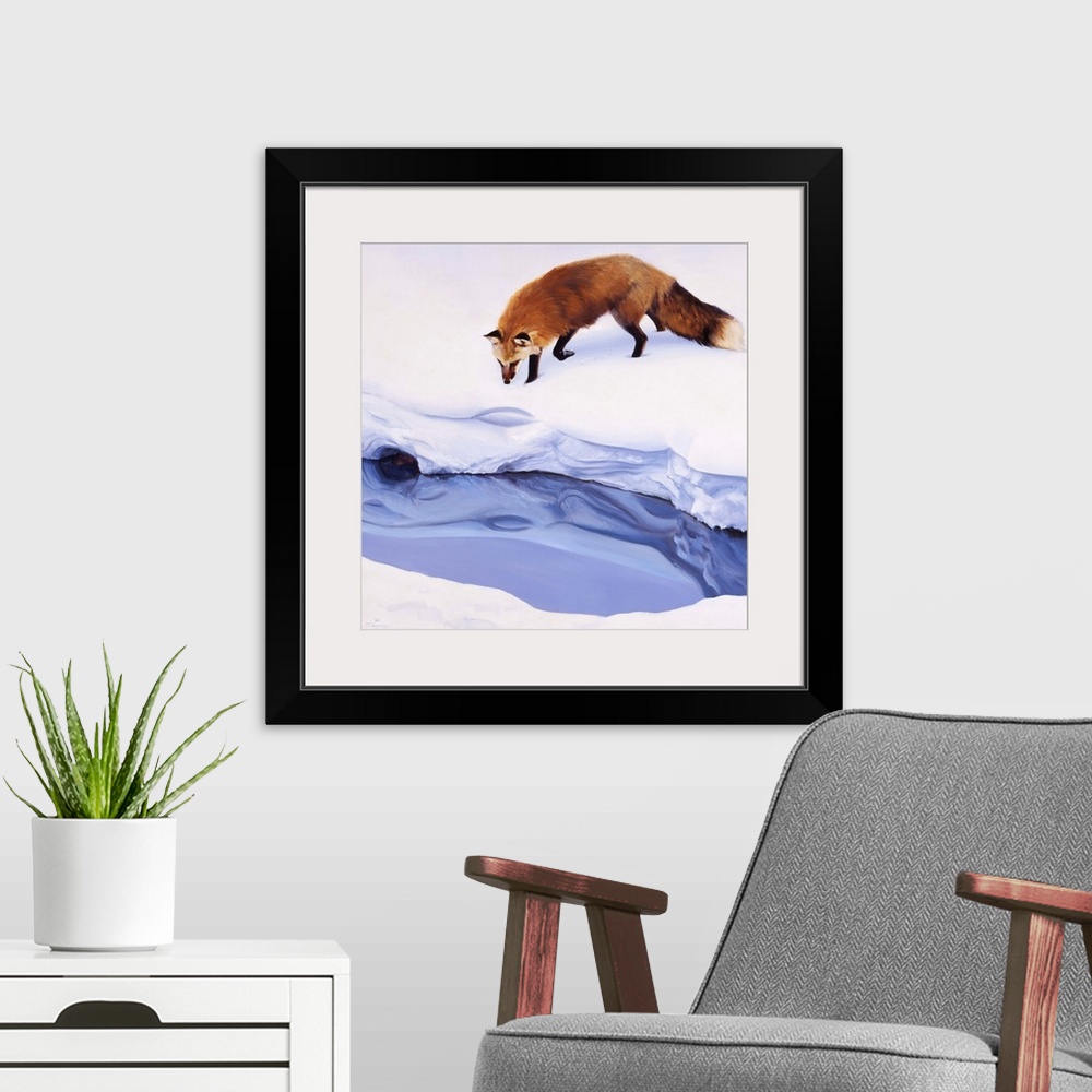A modern room featuring Contemporary artwork of a red fox looking at a creek in thick snow.