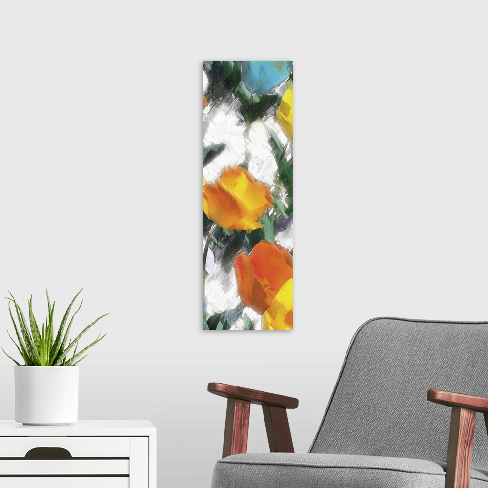 A modern room featuring A contemporary abstract painting of yellow, orange, red, and blue flowers on a white background m...