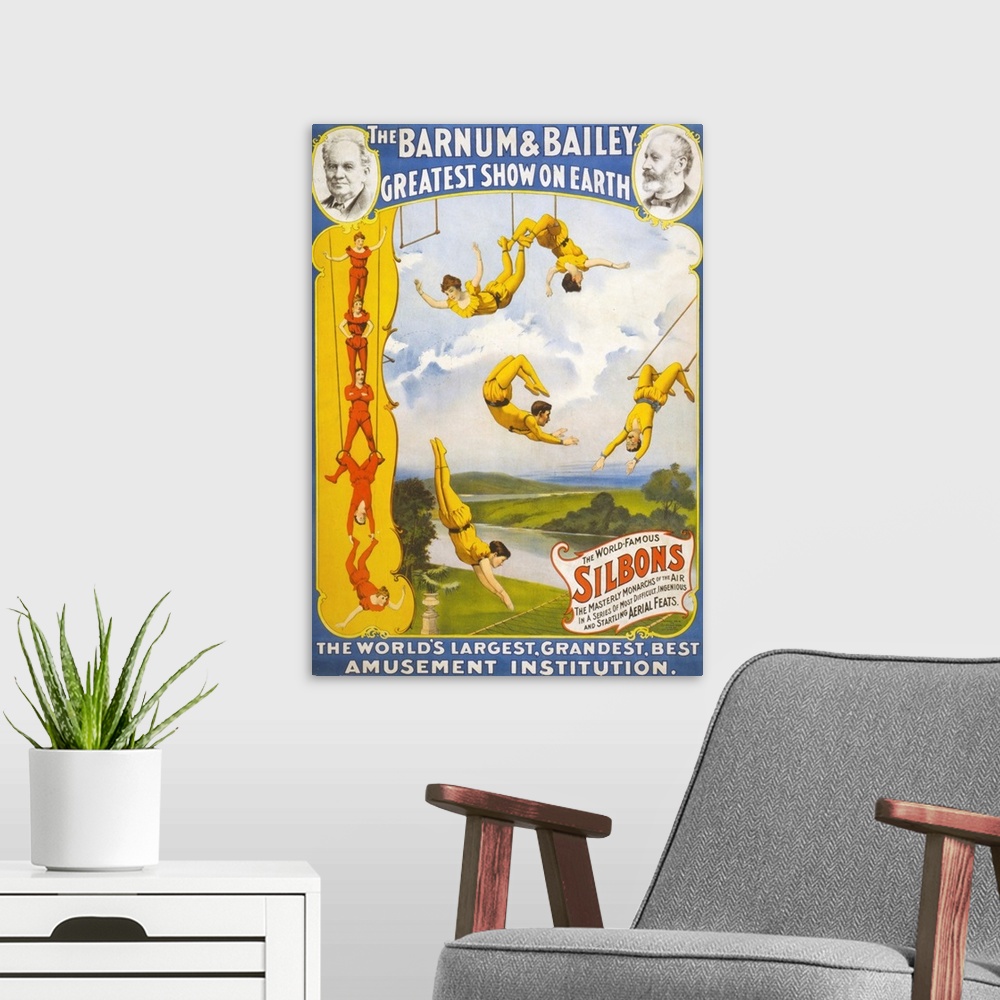 A modern room featuring The Barnum & Bailey greatest show on earth c1896 : Circus poster showing trapeze artists.