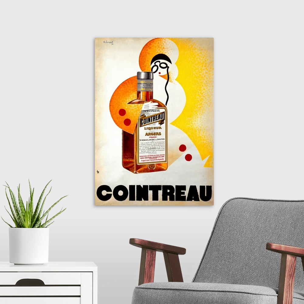 A modern room featuring Old poster advertising liquor company with a woman dressed as a snowman holding an oversized bott...
