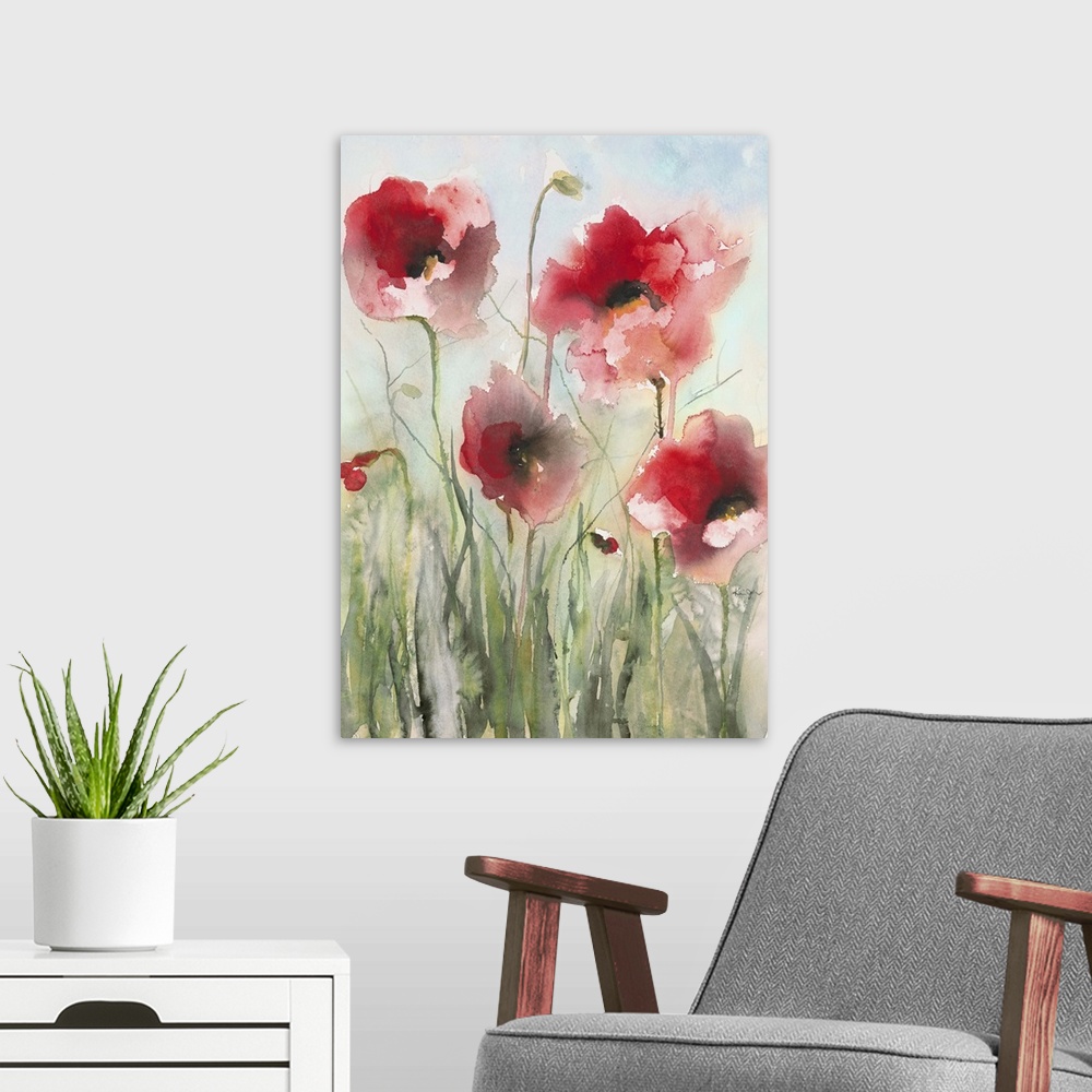 A modern room featuring Contemporary artwork of watercolor painted red poppies.