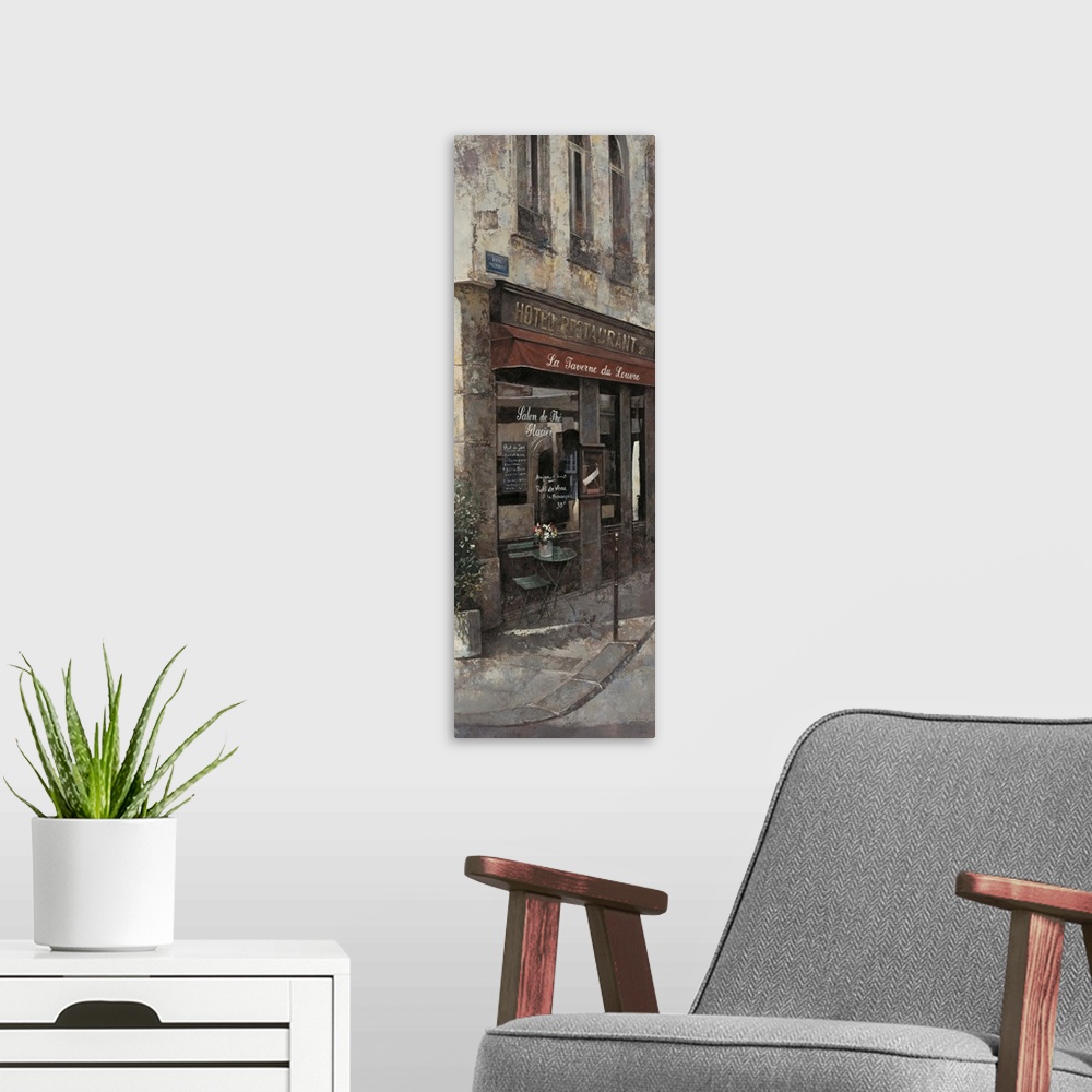 A modern room featuring Contemporary painting of a pub and bar storefront downtown in a city.