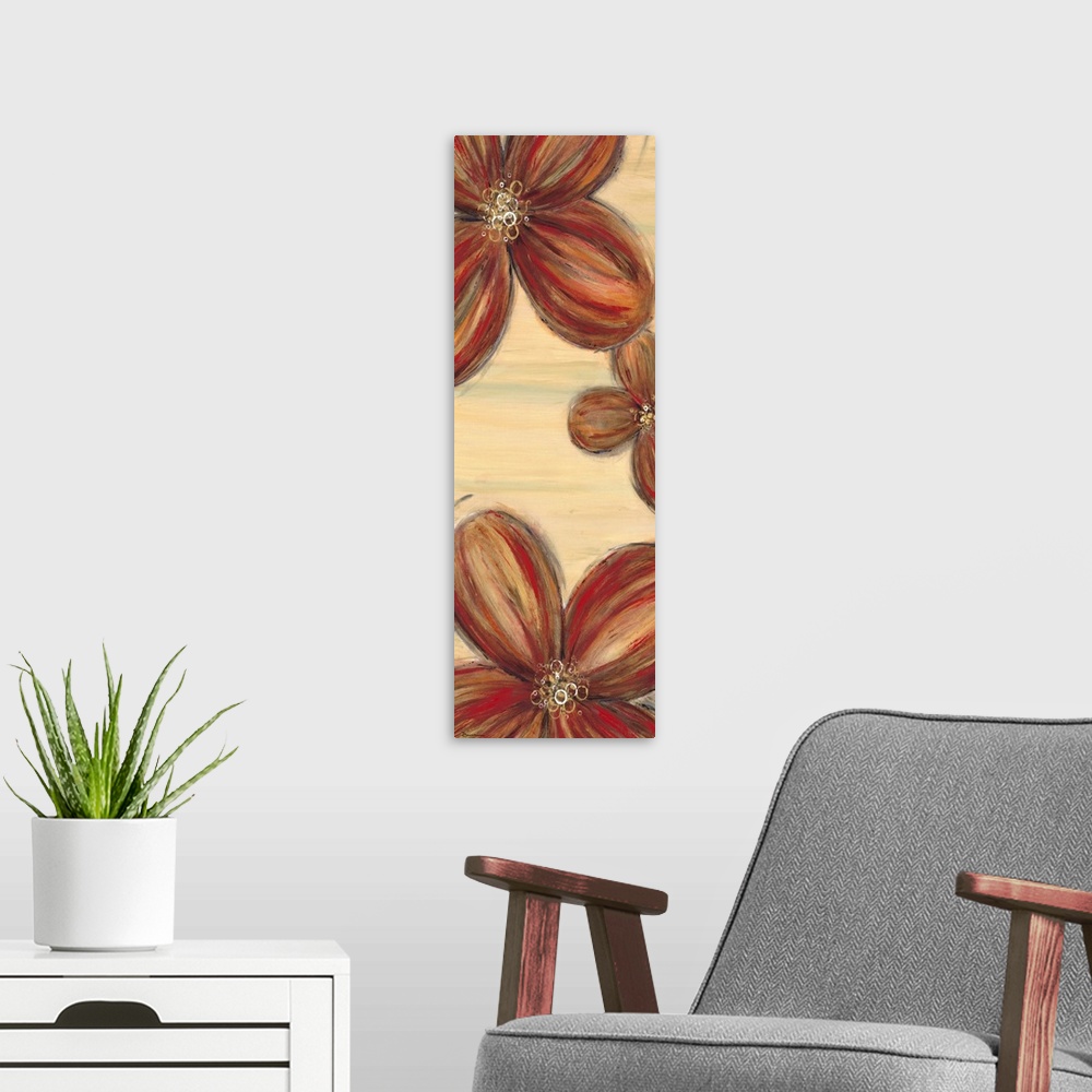 A modern room featuring Contemporary home decor artwork of warm toned flowers against a neutral background.