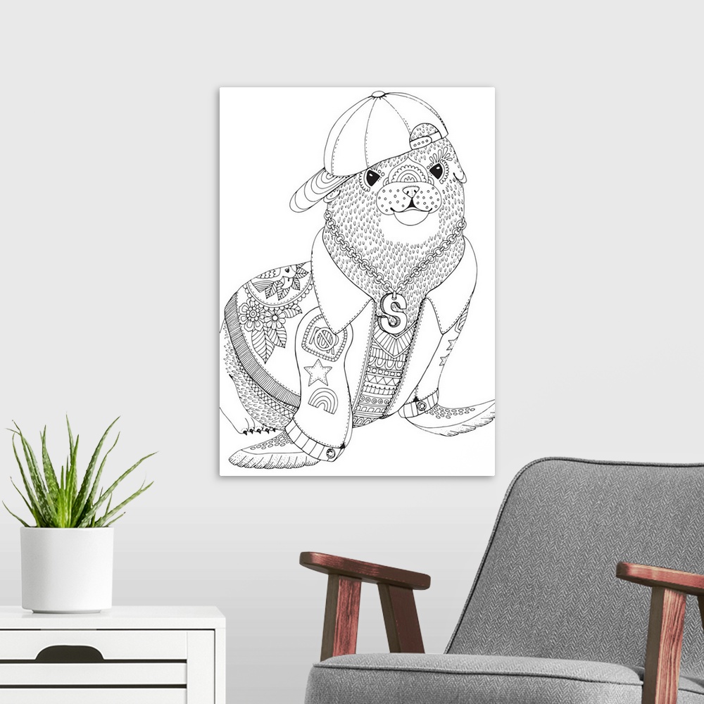 A modern room featuring Black and white line art of a sea lion wearing a jacket with patches, a hat, and a chain.