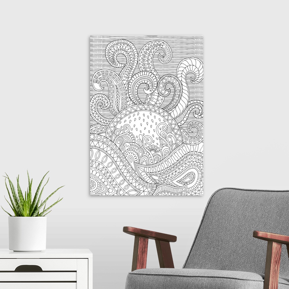 A modern room featuring Nature themed black and white line art resembling a sunrise made with intricate details and patte...