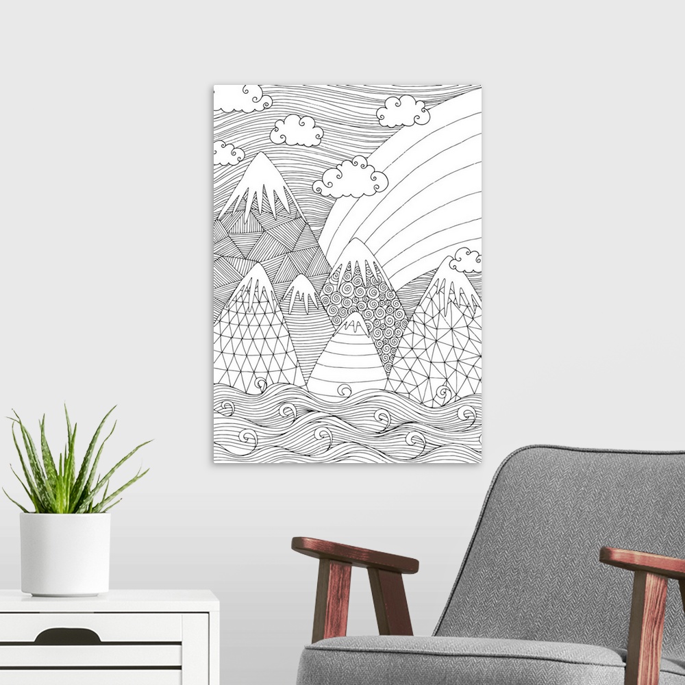 A modern room featuring Black and white line art of a mountain range made with different patterns, flowing water below an...