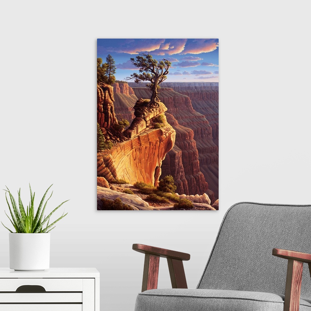 A modern room featuring A wind-worn tree stands atop the Grand Canyon.