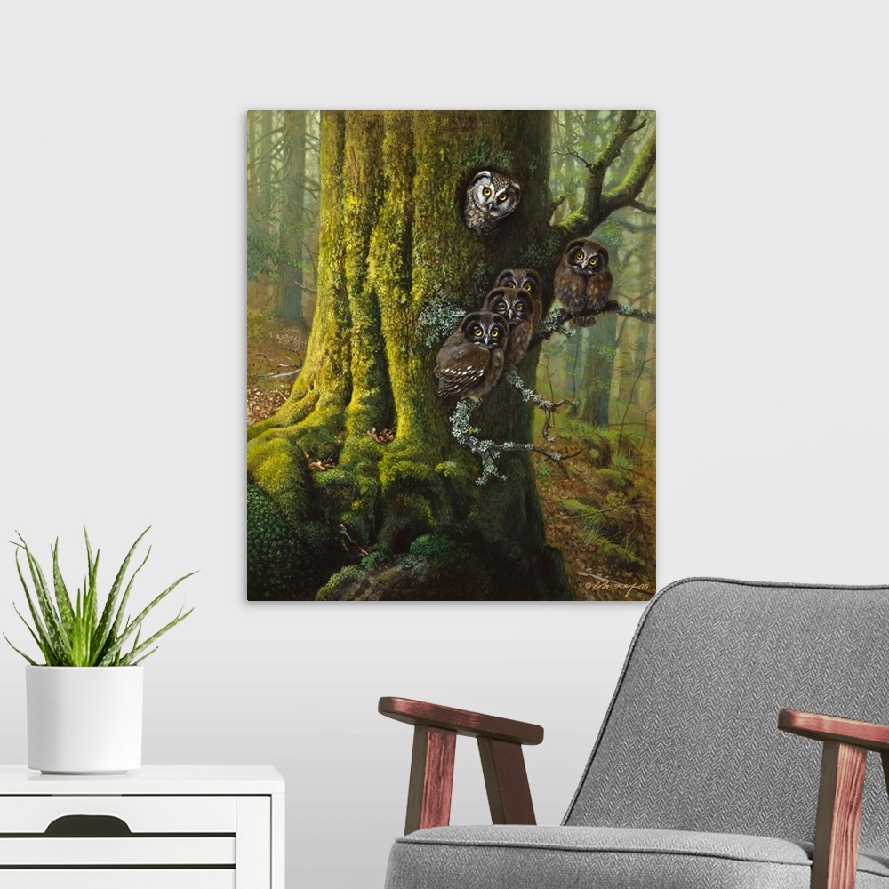 A modern room featuring Owls in a tree.