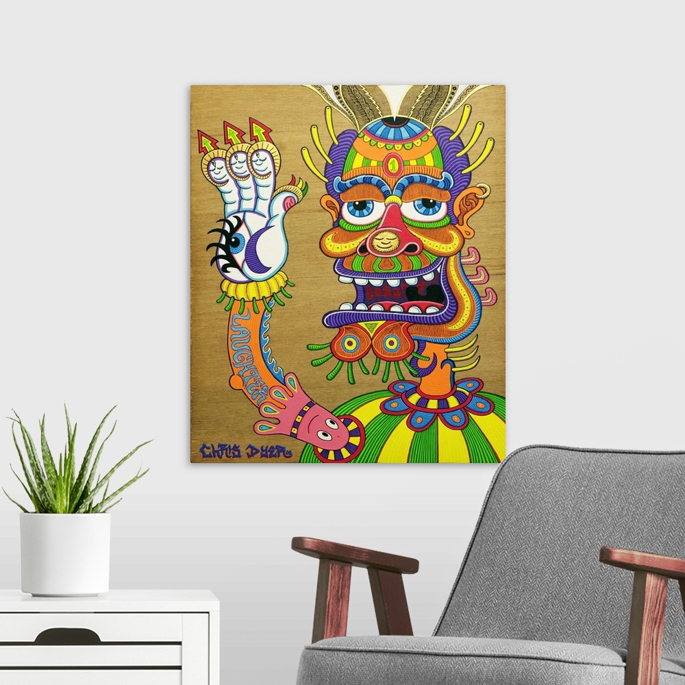 A modern room featuring Decorative artwork of psychedelic designs and concepts with colorful patterns.