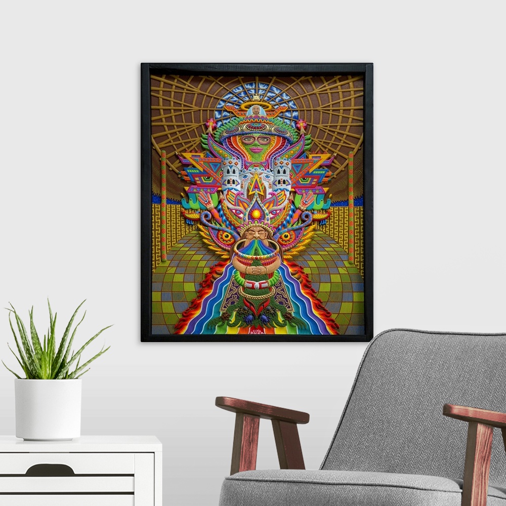 A modern room featuring Decorative artwork of psychedelic designs and concepts with colorful patterns.