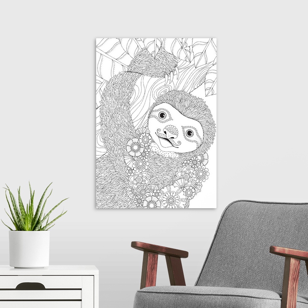 A modern room featuring Black and white line art of a intricately detailed sloth hanging from a tree and wearing a lei ma...