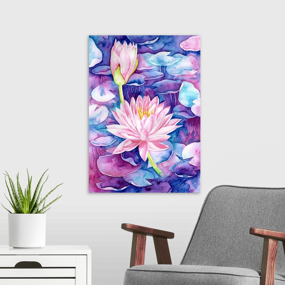 A modern room featuring A bright pink water lily is floating on a dreamy blue and velvety purple water, painted in waterc...